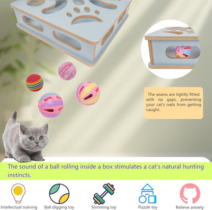 Interactive Wooden Cat Puzzle Toy Box Indoor Hunting Play Toy to Stimulate Your Cat’s Energy and Instincts (Blue)