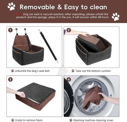 Dog Car Seat for Small Medium Dogs, Soft Fabric Dog Booster Seat with Storage Pockets, Safety Belt, Comfy Pet Car Seat Travel Bed, Removable and Washable