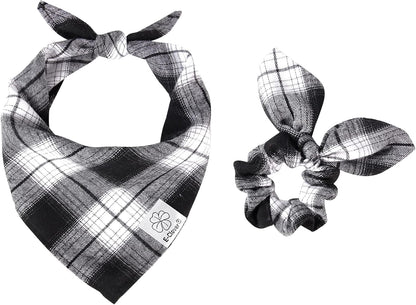 E-Clover Dog Bandanas & Matching Scrunchie Set Boy Plaid Dog Scarf Triangle Bandana Bibs for Medium Large Dog Owner Birthday Gifts Black White