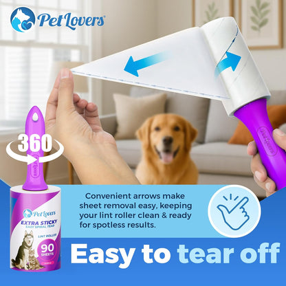 PetLovers Extra Sticky Lint Roller Mega Value Set 450 Sheets for Pet Hair Removal and Clothes, Dog and Cat Lint Remover 5 Pack Purple