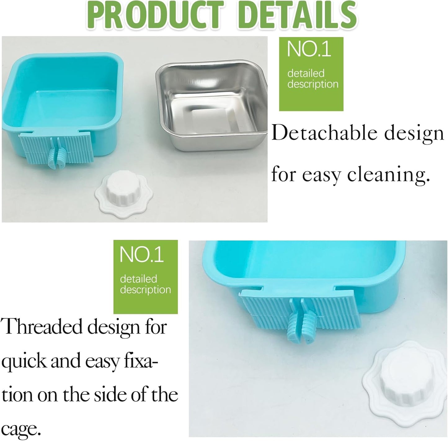 kathson Crate Dog Bowl, Removable Stainless Steel Hanging Pet Kennel Cage Bowl Food & Water Feeder Coop Cup for Puppy, Cat, Rabbit,Guinea Pigs 2pcs Square(Blue,Green)