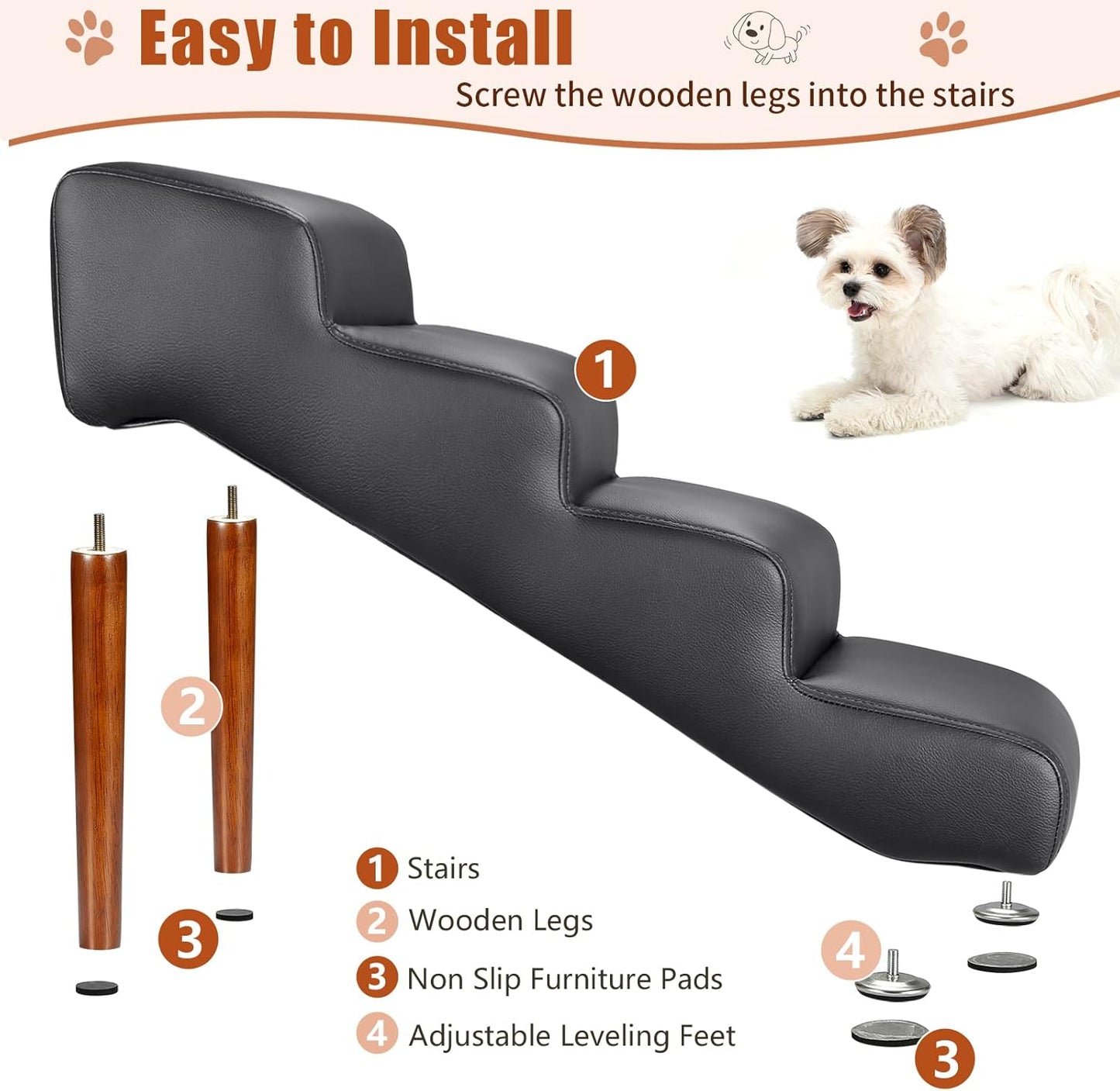 Senneny Black Faux Leather Dog Stairs, for Pets up to 150 lbs, Waterproof, Scratch Resistant Pet Steps/Stairs with High Density Foam and Detachable Wooden Legs, Black, 4 Step