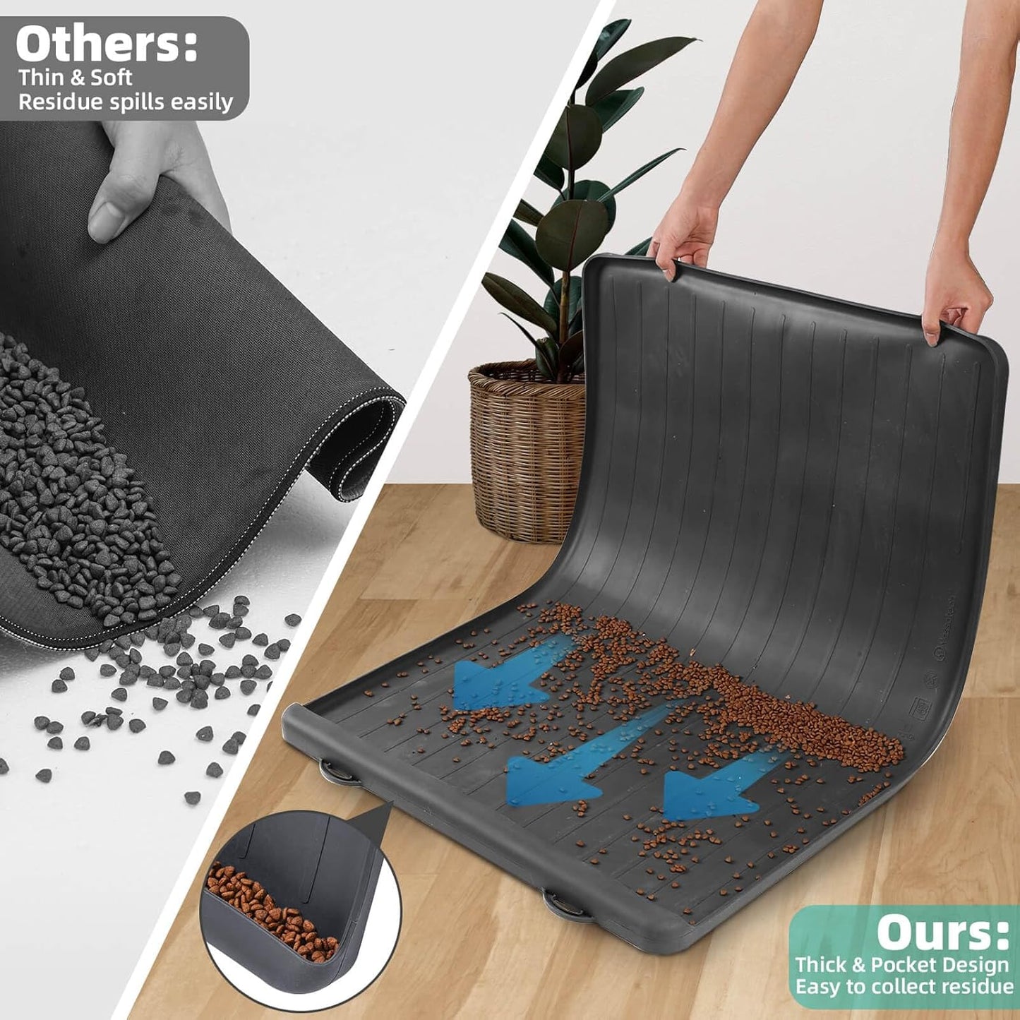 Dog Mat for Food and Water - 39.4" x 27" Large Pet Feeding Mats with Residue Collection Pocket - Waterproof Dog Cat Bowl Mat with High Edges to Prevent Water and Food Spills (Black)