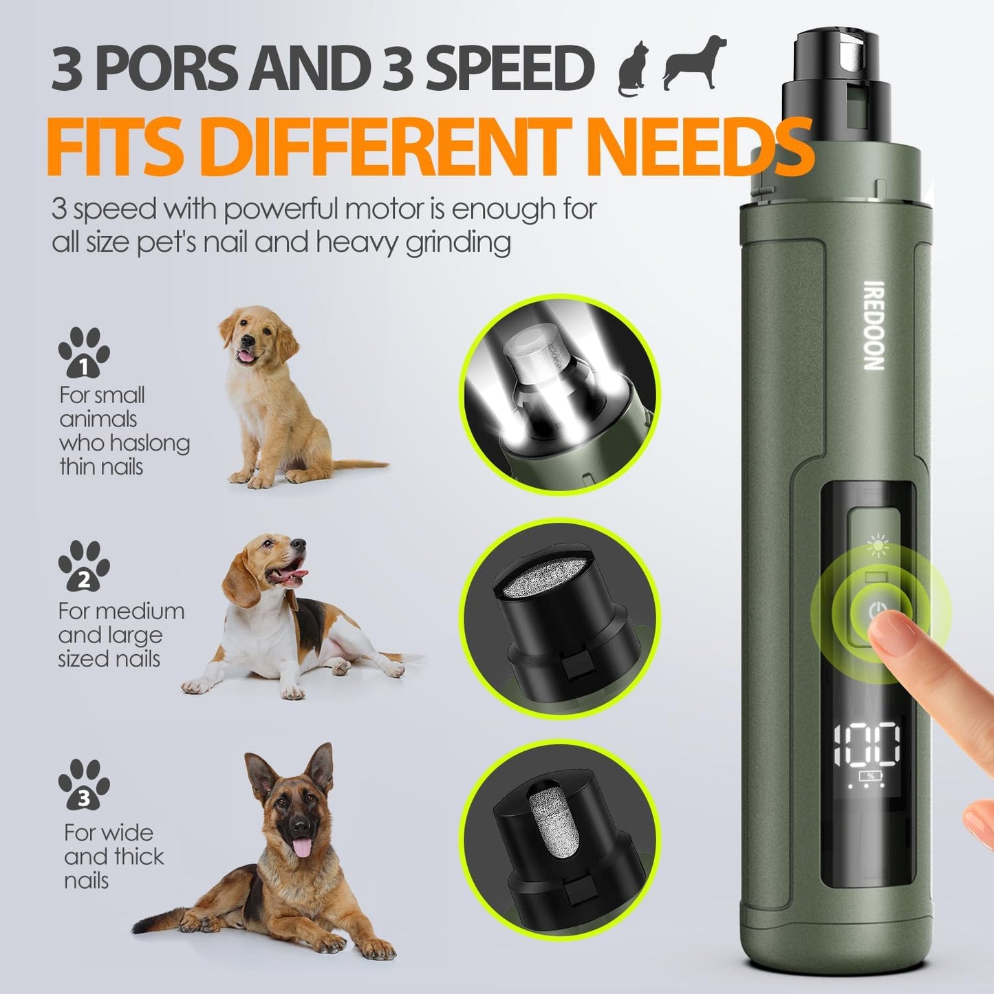 Dog Nail Grinder Upgraded - Professional 3-Speed Super Quiet and Low Vibration Electric Pet Nail Grinder with 4 LED Lights - Painless Paws Grooming & Smoothing for Small to Large Dogs (Green)