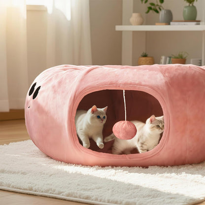 Cat Tunnel Bed for Indoor Cats, Peekaboo Cat Cave Bed,Soft Cat Donut Tunnel for Kitten Large Cats, Cute Pink Octopus Shaped