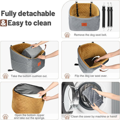 Dog Car Seat for Small Medium Dogs, Memory Foam Booster Car Seat for Dogs up to 35 lbs, Elevated Pet Car Seat, Travel Safety Bed with Washable Removable Cover and Storage Pockets(Gray/Coffee)