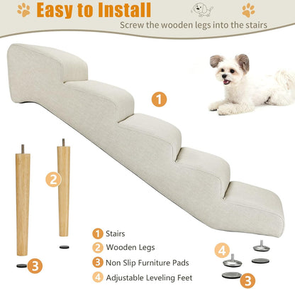Senneny Imitation Linen Faux Leather Dog Stairs, for Pets up to 150 lbs, Waterproof, Scratch Resistant Pet Steps/Stairs with High Density Foam and Detachable Wooden Legs, Light Beige Linen, 5 Step