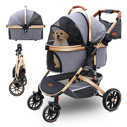 Pettingzoo Dog stroller with 4 Wheels, Folding Cat Stroller for Small/Medium/Large dogs & cats to 60 lbs, pet stroller with removable carrier, Storage BasketCup Holder,3 in1 Multifunctional Detachable
