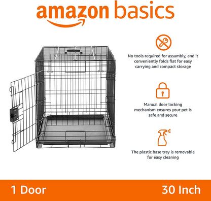 Amazon Basics Durable, Foldable Metal Wire Dog Crate with Tray, Single Door, 30 x 19 x 21 in, Black