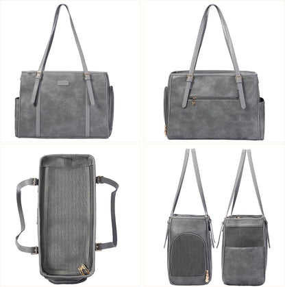 Fashion Dog Purse Pet Carrier Leather Bag for Small Dogs Cats Puppy, Portable Tote Bag Airline Approved Soft-Sided Carriers (Grey)