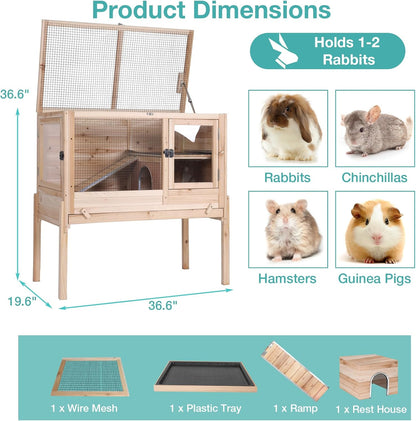 Guinea Pig Cage with Wooden Stand,Indoor Rabbit Hutch with 2 Stories,Hamster Cage with Anti Chew Ramp,Hideout, Platform, Pull Out Tray (Wood)