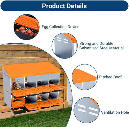 Chicken Nesting Boxes, 8 Hole Metal Chicken Laying Box with with Removable Trays and Roll Out Egg Collection for Chicken Coop, Orange