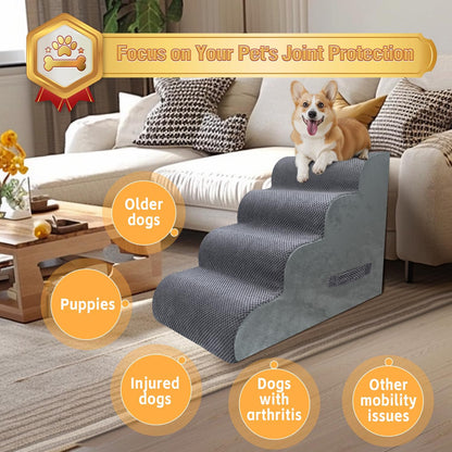PAWSCART Dog Stairs for Small Dogs and Cats, 4-Step Dog Steps for Bed, 19.6" H Pet Stairs for High Bed, Pet Ramp for Couch, Sofa, Non-Slip Surface Removable Washable Cover, Grey