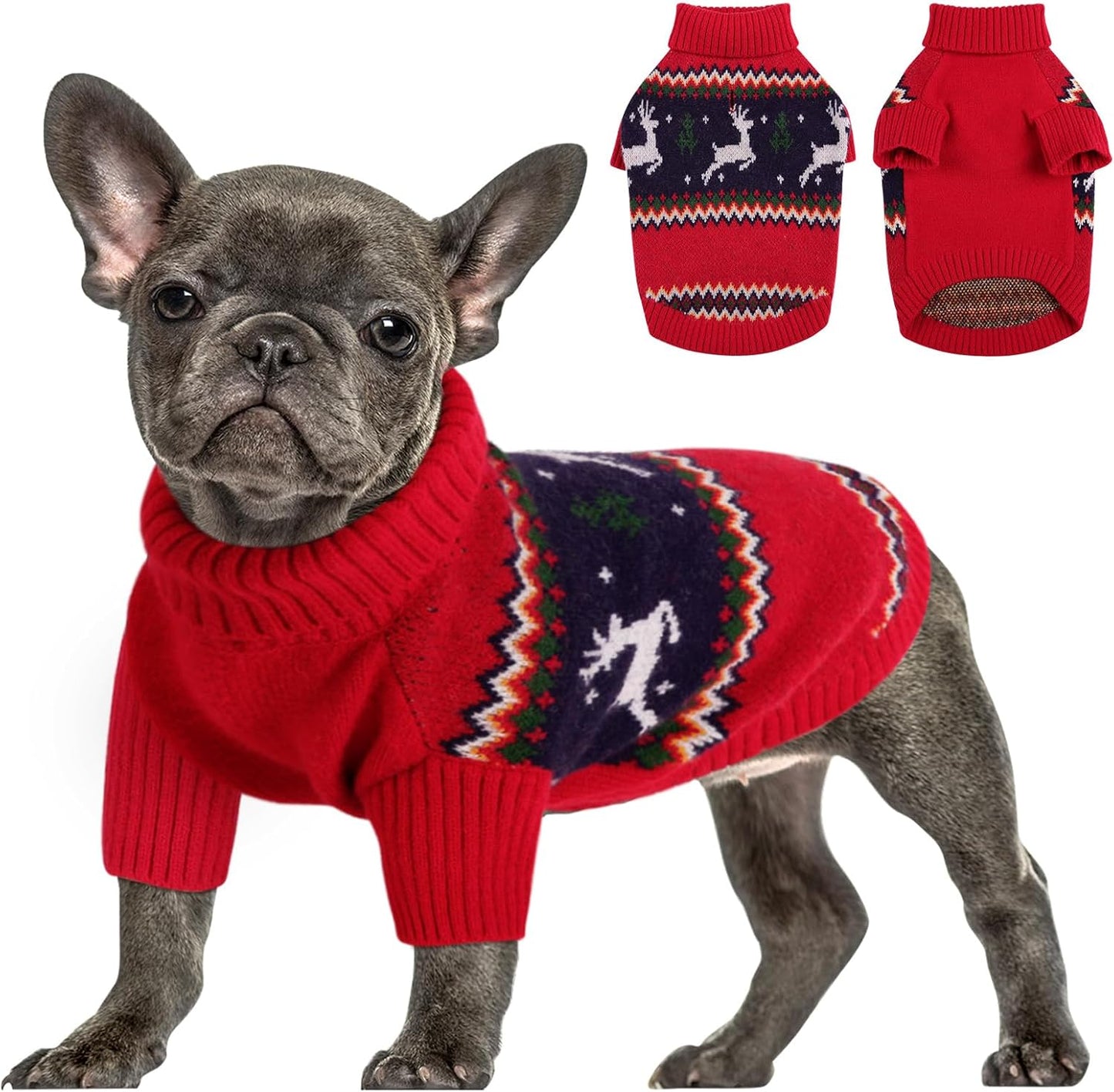 Queenmore Christmas Dog Sweater, Knitted Pullover Turtleneck Outfit, Warm Clothes for Small Dogs Boys or Girls S