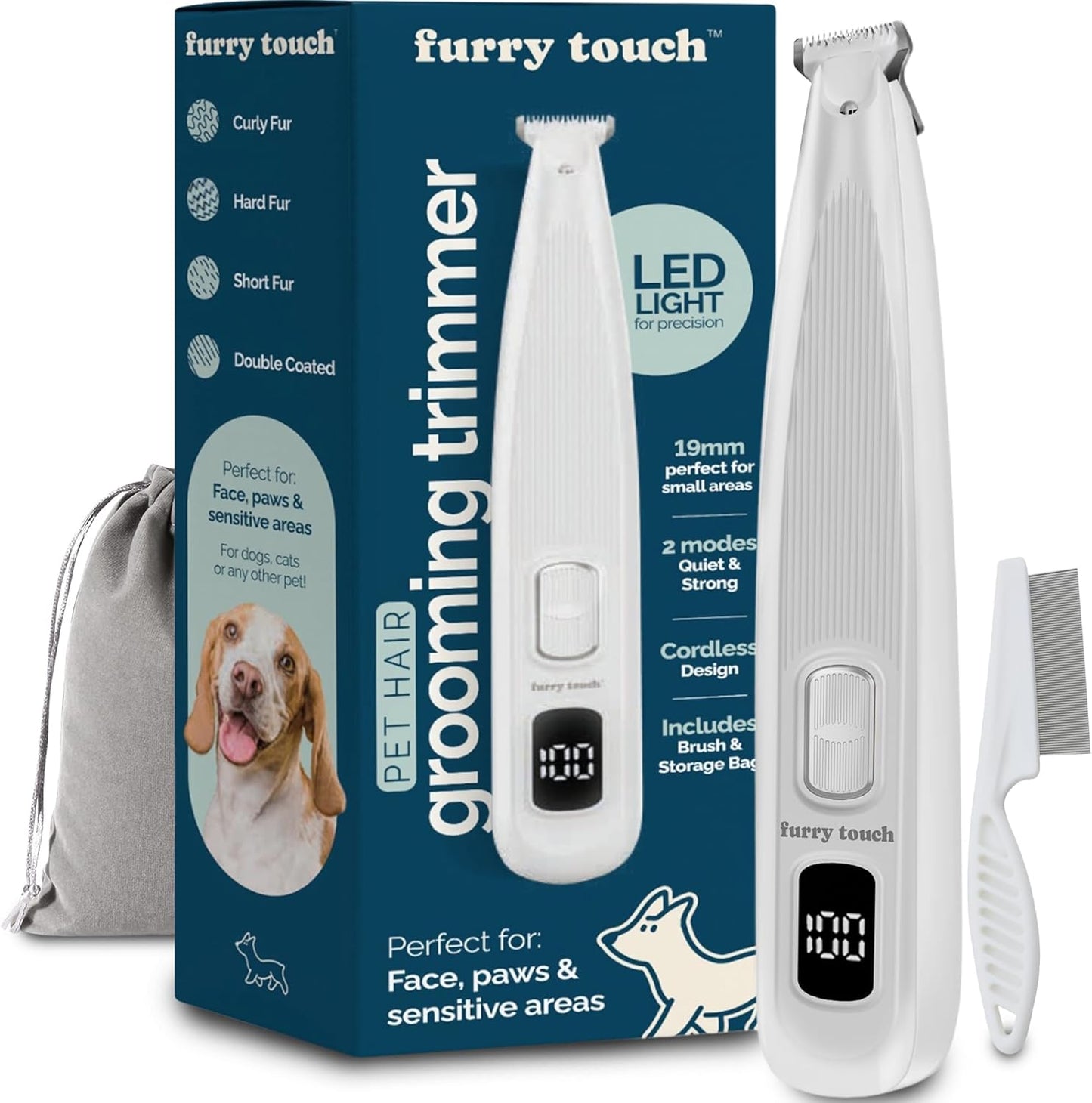 Dog Paw Trimmer - Electric Cordless Pet Clippers for Dogs & Cats - Quiet Dual-Speed Groomer with Pet-Safe Blade for Feet, Ears, Face - USB-C Rechargeable - with Travel Bag, Comb & Brush