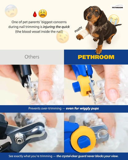 PETHROOM] Professional Dog Nail Clipper with Transparent Guard & Nail File | Adjustable Cutting Length (1-3mm) Sturdy, Durable Stainless Steel Blade | Nail Trimmer for Pets Avoid Overcutting