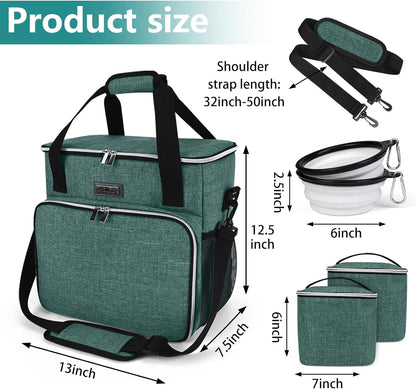 BAGLHER Pet Travel Set Airline-Approved Carrier for Small/Medium Cats & Dogs + Travel Bag with Food Containers & Silicone Bowls, Grey & Green