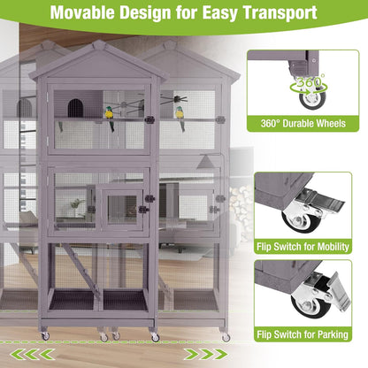 GUTINNEEN Large Bird Cage Outdoor Wooden Aviary Indoor on Wheels, with Play Stand, Perches, Nest Habitat & Wire Mesh Tray for Easy Cleaning