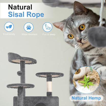 FDW Cat Tree 54in Cat Tower Multi-Level Durable Cat Scratching Post & Cozy Fun Cat Jumping Platform Space Saving Cat Condo Pet Play House for Indoor Cats,Light Gray