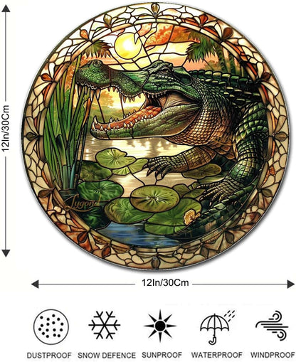 Lygond Metal Sign Tin Sign Circular Stained Glass Alligator Minimalist Wall Art for Home Decor 12×12 Inches