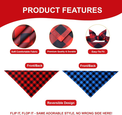 Plaid Dog Bandanas 2-Pack for Small Dogs, Red-Black & Blue-Black Buffalo Check Set - Adjustable Reversible Scarves for Boys & Girls