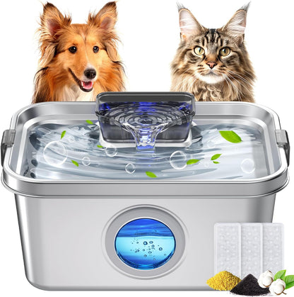 Dog Water Fountain 2 Gal, Stainless Steel Dog Water Fountain for Large Dogs Multi-Cats, Pet Water Fountain with Big Window, Super-Quiet Pump, Indoor Automatic Dog Water Bowl Dispenser Fountain Filters