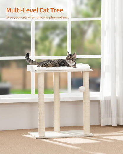FourFurPets 26.7in Large Cat Tree Tower Condo, Cat Scratch Posts for Indoor Cats, Big Plate, Three 23.6in Full Sisal Scratching Posts, White