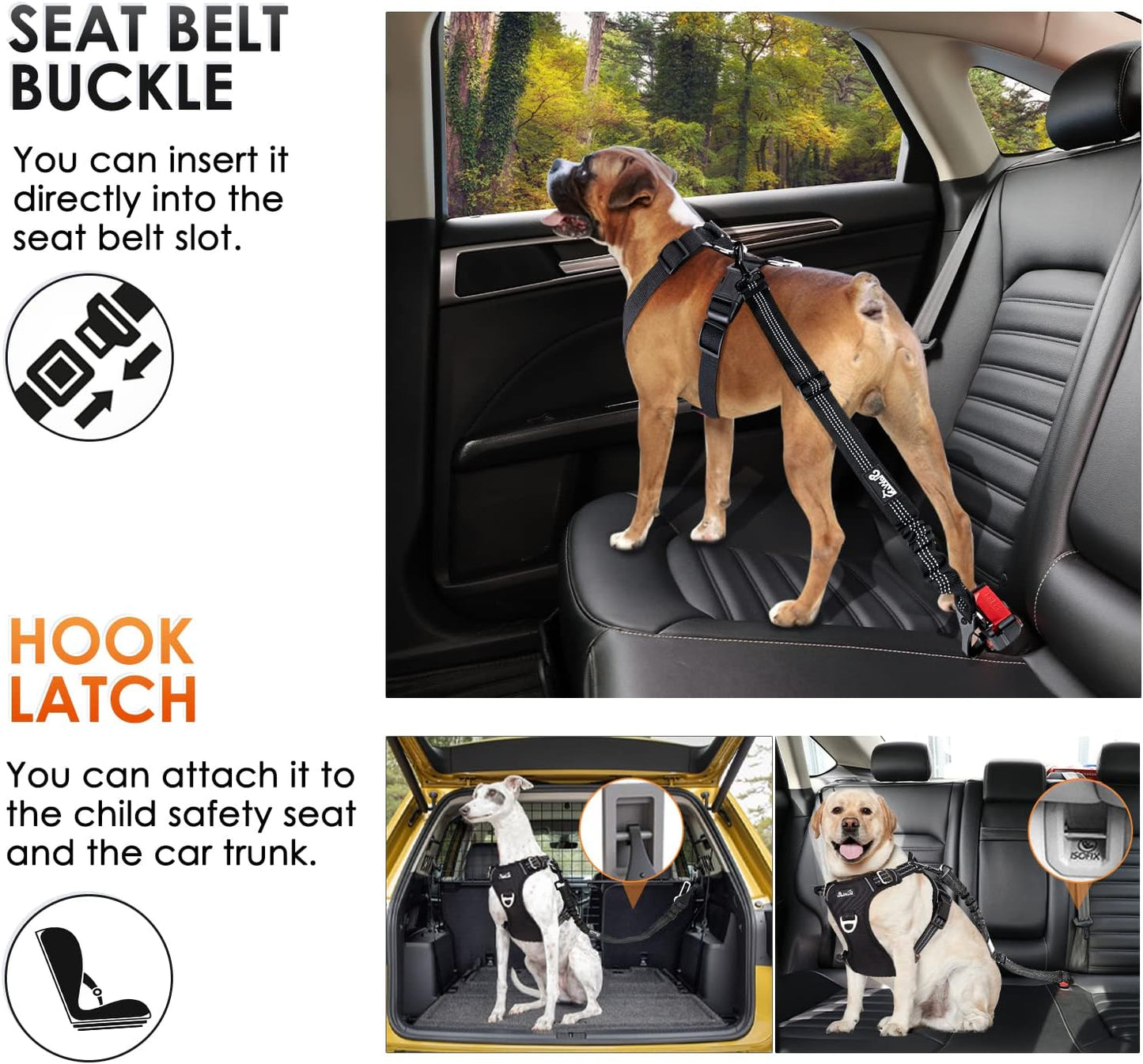 SlowTon Dog Seat Belt, Adjustable Dog Safety Belt Leash, 2 in 1 Latch Bar Attachment Dogs Car Seatbelt with Elastic Nylon Bungee Buffer, Reflective Nylon Belt Tether Connect to Dog Harness(B,35.5in)
