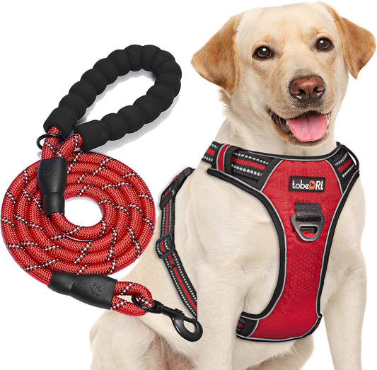 No Pull Dog Harness Adjustable Reflective Oxford Easy Control Medium Large Dog Harness with A Free Heavy Duty 5ft Dog Leash (S (Chest: 17.5"-21"), Red Harness+Leash)