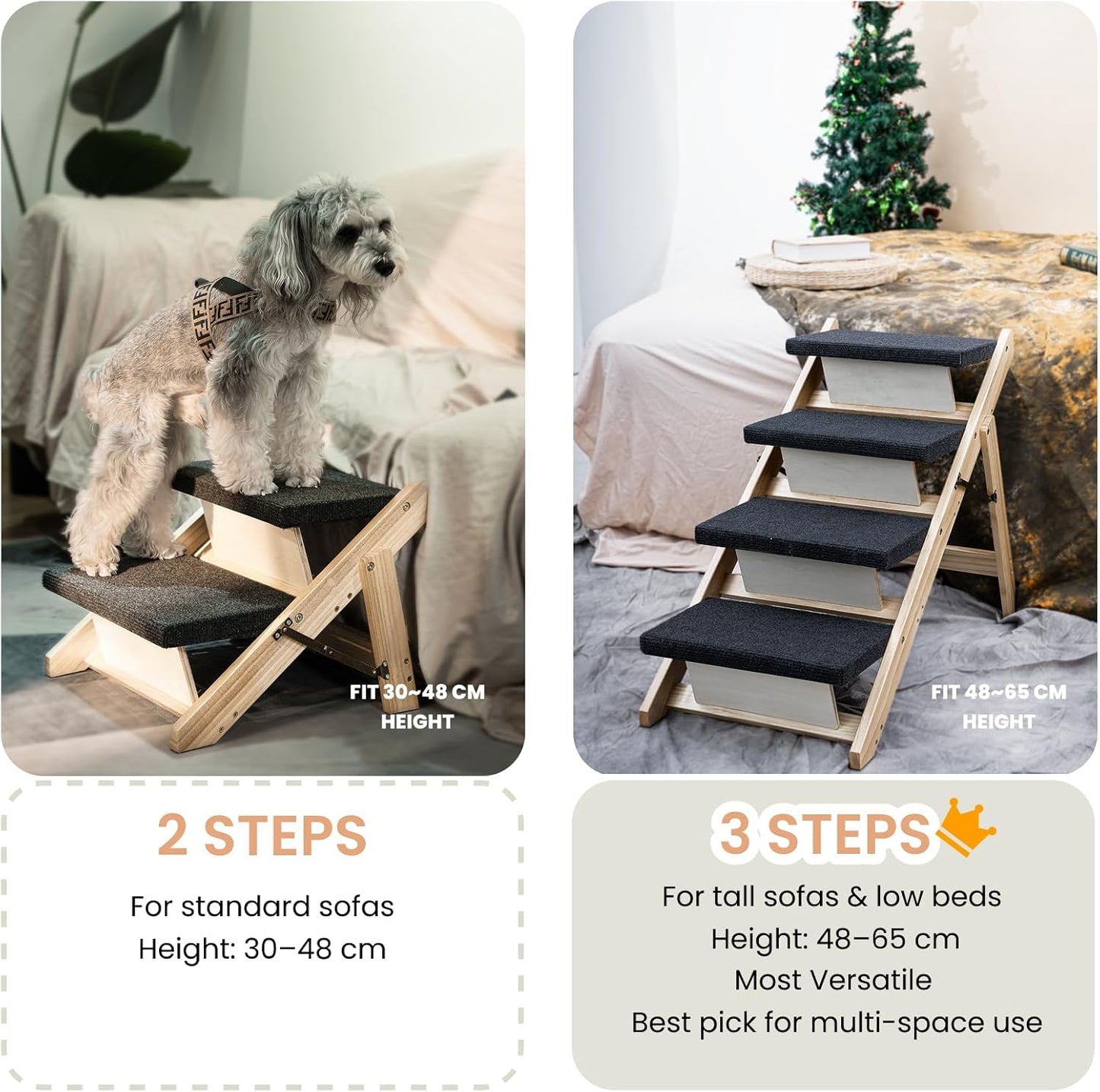 MEWANG Wood Pet Stairs & Ramp for Small/Medium Dogs and Cats, Aging Pets – 3-in-1 Foldable, Portable, Non-Slip Pet Ladder for Tall Beds, Couches,Cars–Holds Up to 220 lbs (31.5" L x 17.2" W x 25.0" H)