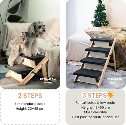 MEWANG Wood Pet Stairs & Ramp for Small/Medium Dogs and Cats, Aging Pets – 3-in-1 Foldable, Portable, Non-Slip Pet Ladder for Tall Beds, Couches,Cars–Holds Up to 220 lbs (31.5" L x 17.2" W x 25.0" H)