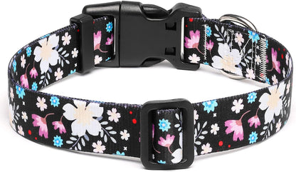 Mercano Adjustable Dog Collar - Special Design Patterns, Soft Nylon Comfortable Durable Pet Collar for Small Medium Large Dogs (S, Floral White)