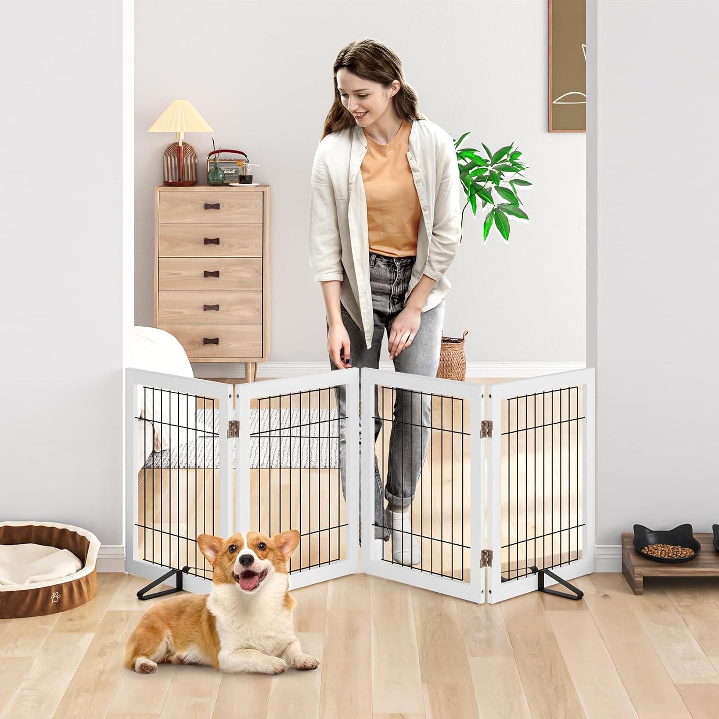 Dog Gate Indoor, Metal Dog Gates for Doorways House, 24-Inch Freestanding Pet Gates for Dogs, Puppy Fence (4 Panel, White)
