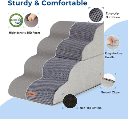 Dog Stairs Ramp for Bed 19.7" H - Pet Stairs for Small to Medium Dogs to Get on Bed and Couch, 35D Foam Dog Steps with Non-Slip Bottom Grey, 4 Steps