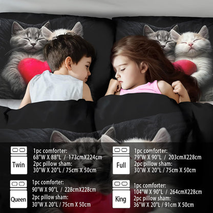Cute Cat Comforter Set Twin,Kawaii Cat Bedding Set for Girls,Cute Animal Comforter Red Love Heart Bedding Decor,Kawaii Farm Animal Quilt Patterns Kids and Adults