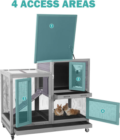 Rabbit Hutch Indoor for 2-4 Rabbits & Guinea Pigs，Bunny Cage with Slide-Out Plastic Trays，Wooden Small Animal Cage for Rabbits, Bunnies, and Guinea Pigs (Light Grey)