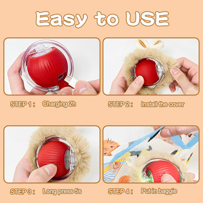 Rocfish Interactive Cat Toys Ball - Automatic Fast Rolling Ball in Play Mat, Hide and Seek Mouse Catching Game, Low-Noise Cat Enrichment Toys in Pouch for Indoor Bored Cats (Red Toy & Square Mat)