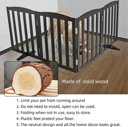 ZJSF Foldable Freestanding Indoor Dog Gate for House Wood Long Pet Gates Dog Fence for Stairs Puppy Gates for Hallways, Puppy Gate,Support Feet Included, Black, 32 "Height-3 Panels