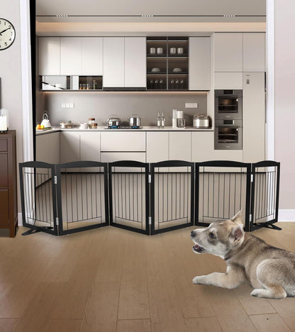ZJSF Freestanding Dog Fence Indoor, Foldable Dog Gate for Doorways, Stairs or Hallways, Sturdy Wood Extra Wide Pet Gate with Support Feet for The House, Black, 24 "Height-6 Panels