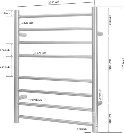 KEG Towel Warmer Wall Mounted with Built-in Timer 8 Bars Electric Stainless Steel Heated Towel Racks for Bathroom, Hot Plug-in Bath Towel Heater Brushed Nickel (TW-8-BN)