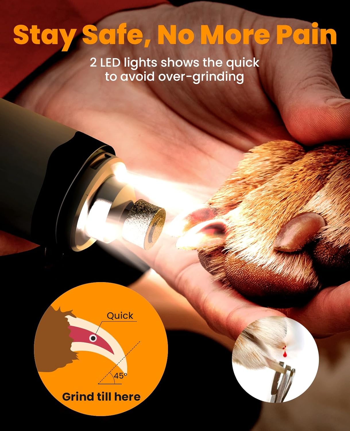 oneisall Dog Nail Grinder and Paw Trimmer Kit 2 in 1 Quiet Rechargeable Electric Pet Nail Grinder with 2 LED Lights and Cordless Dog Grooming Safe Clippers