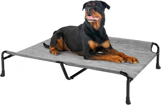 Veehoo Cooling Elevated Dog Bed, Raised Dog Beds for Large Dogs, Outdoor Dog Bed with Guardrail, Upgraded Non-Slip Feet, Breathable Teslin Mesh, Portable Camping Dog Cot, 47 x 29 Inches, Black Silver