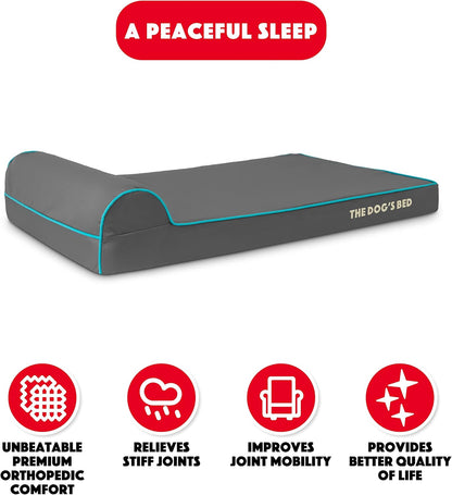 The Dog’s Bed Orthopedic Headrest Dog Bed Large Grey with Blue Trim, Memory Foam, Pain Relief for Arthritis, Hip & Elbow Dysplasia, Post Surgery, Veterinary Approved, Waterproof Washable Cover