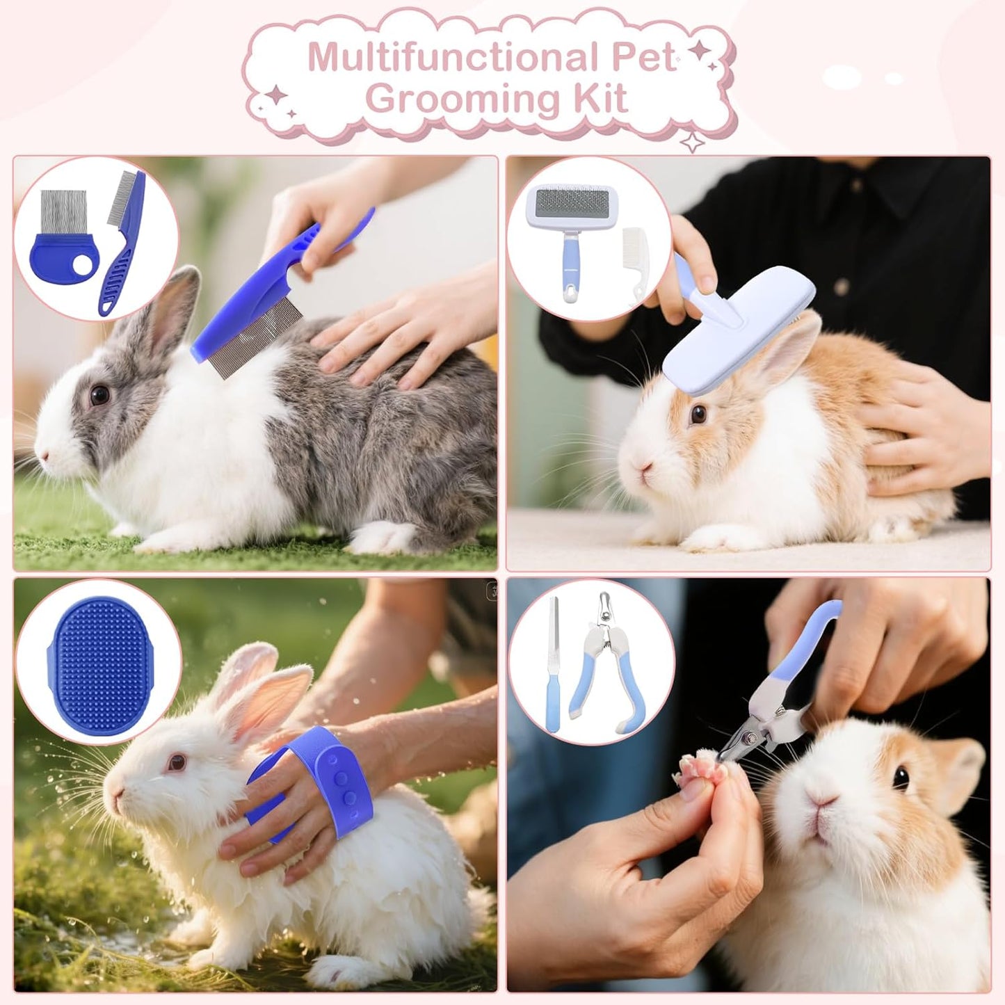 25 Pcs Large Rabbit Starter Kit, Bunny Litter Box with Drawer Animal Grooming Kit Stacking Cups Bowl Blankets Mat with Cleaning Set for Adult Guinea Pig, Ferret, Hamster, Bunnies Accessories (Blue)
