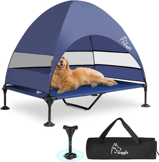Upgraded Elevated Dog Bed with Canopy, Portable Raised Outdoor Dog Bed with Stable Anti-Slip Feet, Wider Shade Pet Bed Cot, Raised Dog Beds for Large Dogs Camping, Indoor & Outdoor Use