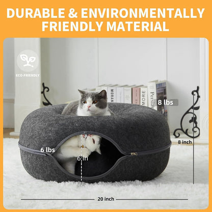 Jia Xi Indoor Cat Hideout Tunnel Bed - Donut Cat Condo and Cave - Dark Grey (20 in * 20 in * 8 in)