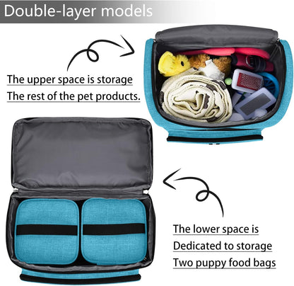 BAGLHER Pet Travel Bag, Double-Layer Pet Supplies Backpack (for All Pet Travel Supplies), Pet Travel Backpack with 2 Silicone Collapsible Bowls and 2 Food Baskets Sky Blue