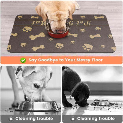 Pet Feeding Mat-Absorbent Pet Placemat for Food and Water Bowl, with Waterproof Rubber Backing, Quick Dry Water Dispenser Mat for Dog and Cat (12"x20", Brown)