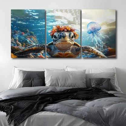 Wivsev Sea Turtle Canvas Wall Art,Under Sea Wall Art,Sea Life Pictures Wall Decor,Ocean Animal Painting for Bathroom,Living Room,Bedroom (12" x 18" x 3 pcs)