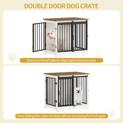 27.2" Dog Crate Furniture with Barn Door, Heavy Duty Dog Kennel Indoor with 2 Doors, Wooden Pet Cage End Table for Small Medium Dogs up to 22 lb, Anti-Chew Anti-Escape, White Brown DFC84314B